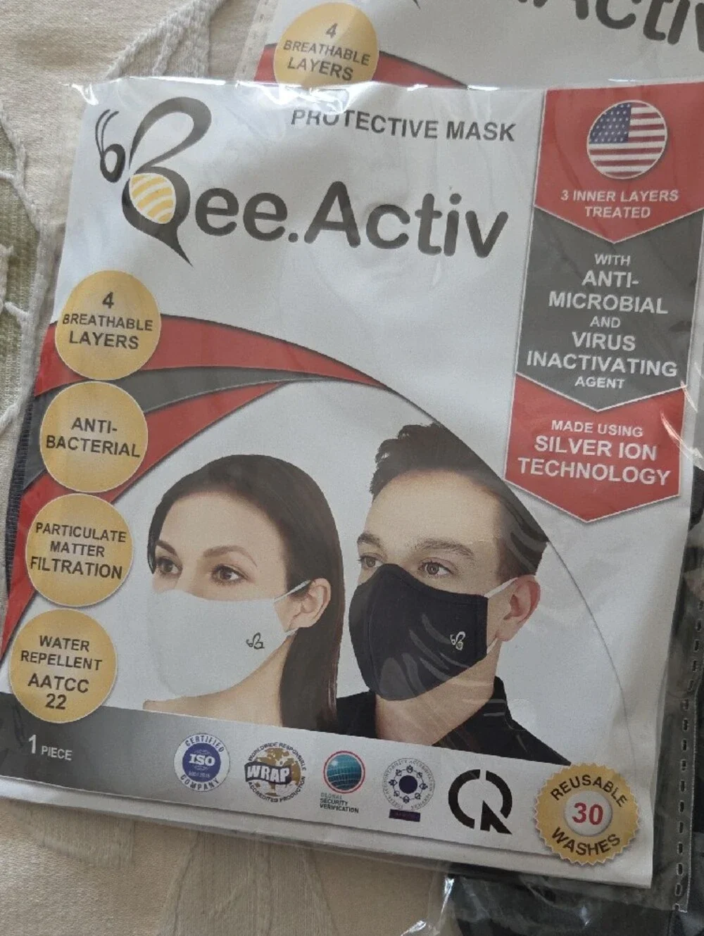 10 Adult Masks - Bee.Activ Protective Face Masks - Black & White